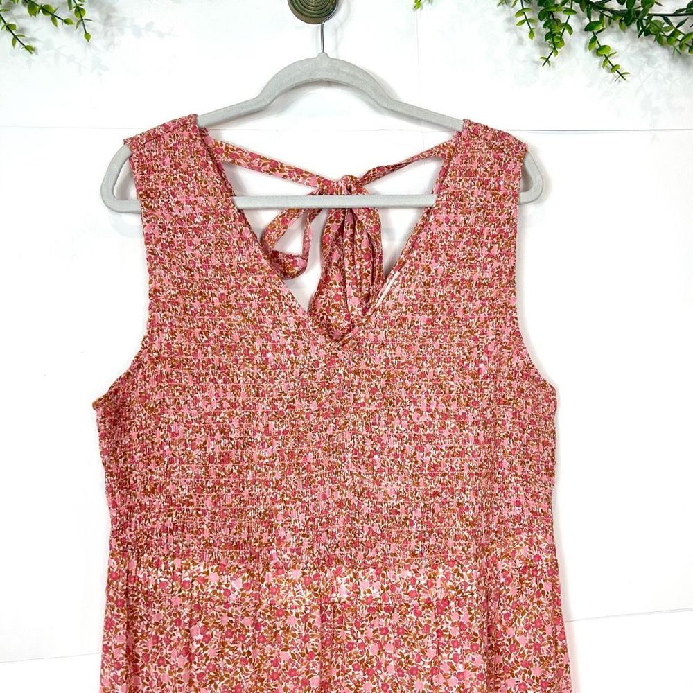 Wonderly Maxi Dress Women's XL Pink Red Cotton Floral Midi Smocked Tie Back Boho - Picture 5 of 13